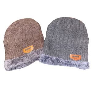 (2) SONG TING Knit Insulated Beanie Winter Hats Gray Brown Chevron Patch Women